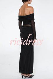 Exquisite Sexy Mesh Patchwork Off Shoulder Cutout Ruched Maxi Dress