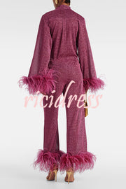 Glitter Fabric Feather Trim Long Sleeve Button Top and Elastic Waist Loose Straight Pants Set