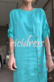 Ultra-comfortable Linen Blend Half Sleeve Front Button Detail Relaxed Pocket Midi Dress