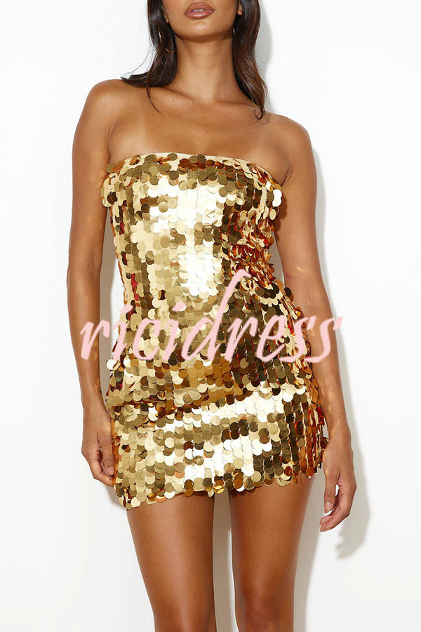 Hot Girl Disc Sequin Off Shoulder Strapless Mini Dress