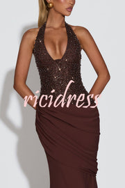 Exclusive Declaration Sequin Halter Neck Back Lace-up Ruched Hem Maxi Dress