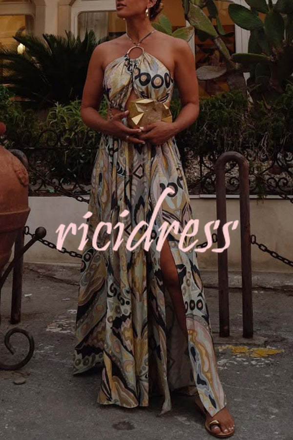 Vacation Feelings Unique Print Halter Ring Cutout Slit Maxi Dress