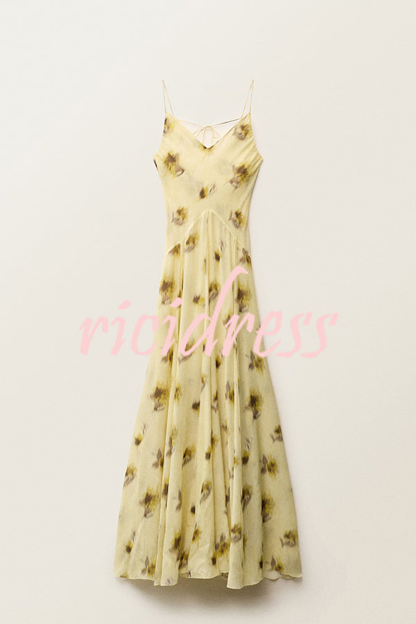 Sunset Glow Floral Print V-neck Thin Straps Flare Hem Maxi Dress