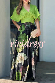 Stylish V-neck Loose Crop Top and Floral Print Pocket Maxi Skirt Set