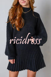 Solid Color Round Neck Puff Sleeve Loose Knit Sweater and Casual Striped Mini Skirt Set