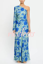 Satin Botanical Print One-Sleeve Resort Maxi Dress