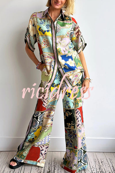 Linen Blend Lapel Short Sleeve Loose Top and Elastic Waist Casual Pocket Wide Leg Pants Set