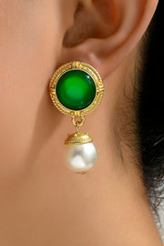 Retro Elegant Gentle Court Green Glaze Pearl Dangle Earrings