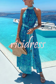 Unique Print Sexy Off-the-shoulder Waist Tie Slit Holiday Midi Dresses