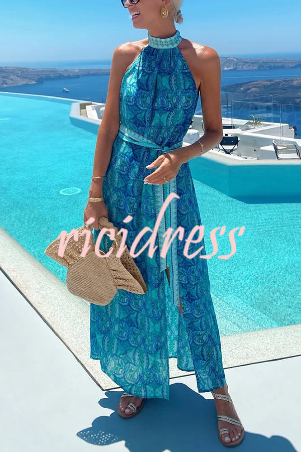 Unique Print Sexy Off-the-shoulder Waist Tie Slit Holiday Midi Dresses