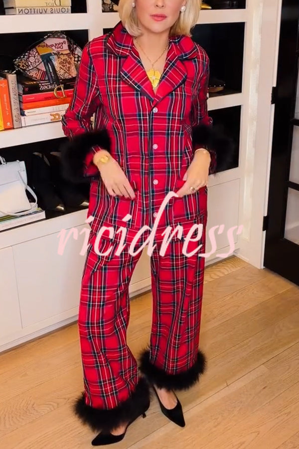 Holiday Time Plaid Contrast Feather Sleeve Pocket Shirt and Elastic Waist Pajama Set