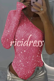 Solid Color Sequined One-shoulder Slim-fit Rompers