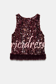 Gala Goddess Sequin Faux Fur Trim Crew Neck Sleeveless Loose Top