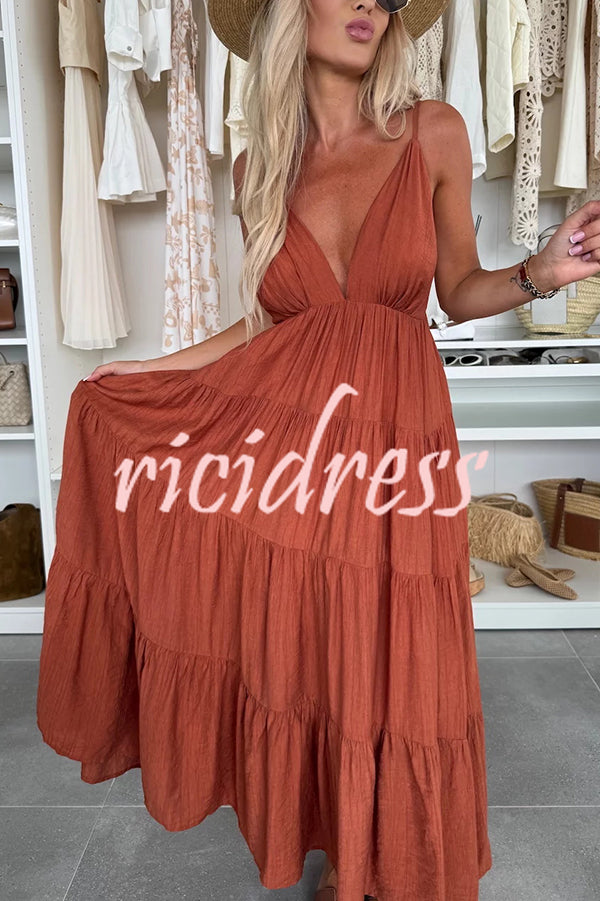 Bohemian Style V-neck Backless Slip Layered Vacation Maxi Dress