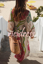 Tracey Linen Blend Unique Print Balloon Sleeve Tie-up Tunic Maxi Dress