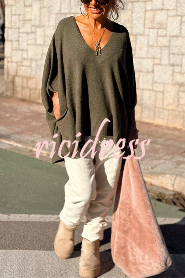 Fashion V-neck Loose Pocket Mid-length Knitted Sweater