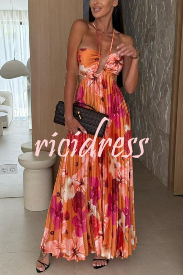 Casey Satin Floral Print Cutout Halter Back Tie-up Pleated Maxi Dress