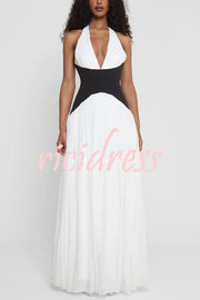 Fashionable Color Matching Sexy Halter Neck Waist Maxi Dress