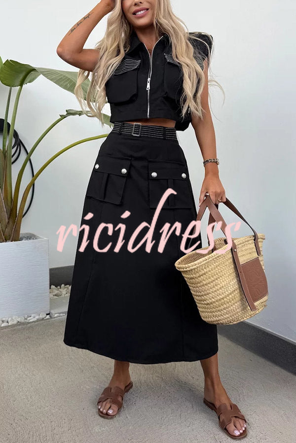 Athleisure Zipper Pocket Sleeveless Jacket and Belted Cargo Midi Skirt Set