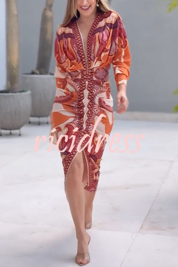 Brazilian Style Unique Print Dolman Long Sleeve Ruched Slit Midi Dress