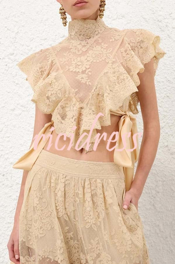 Salenia Lace Appliqué High Neck Side Tie-up Ruffle Cropped Top