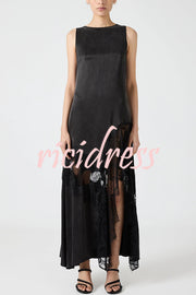 Pretty Soul Satin Lace Trim Wide Neck Irregular Hem Slit Maxi Dress