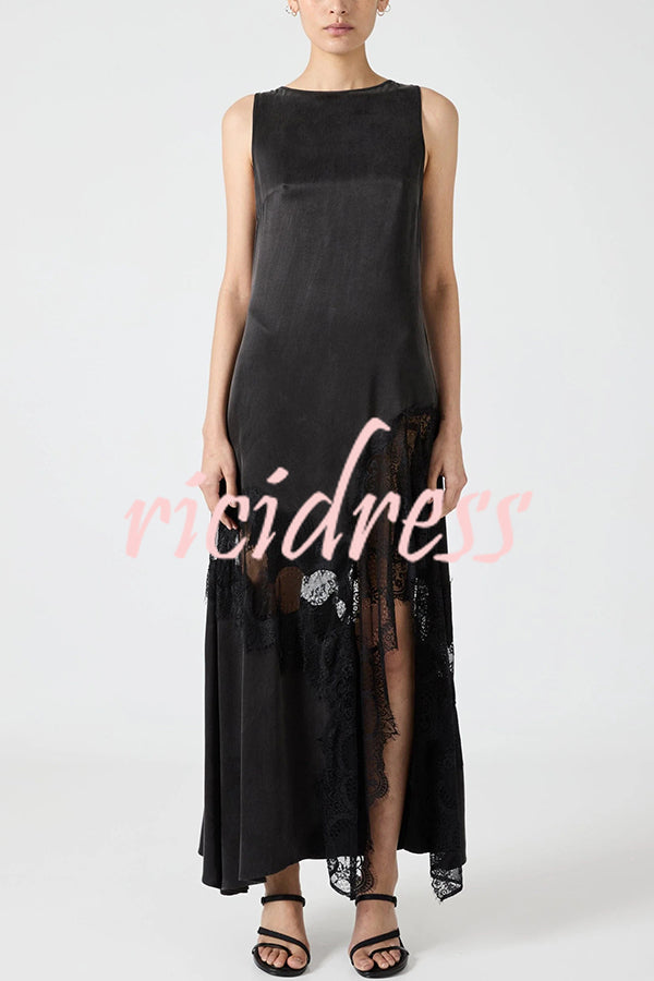 Pretty Soul Satin Lace Trim Wide Neck Irregular Hem Slit Maxi Dress