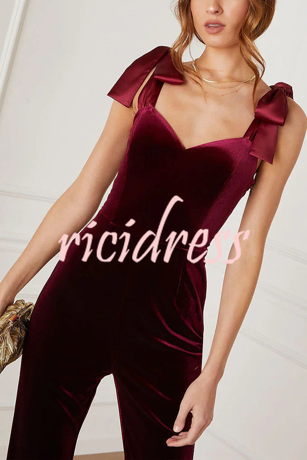 Merlot Sippin' Velvet Shoulder Tie Flare Stretch Jumpsuit