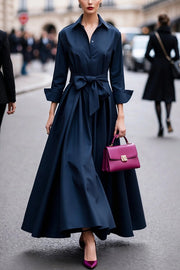 Solid Color Collared Long-sleeved Belted Shirt Style Elegant Maxi Dress