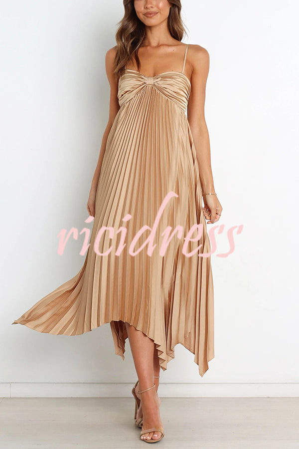 Solid Color Sexy Suspender Pleated Irregular Midi Dress