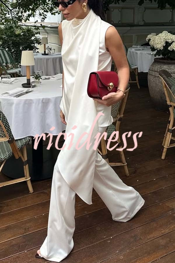 Simply Luxe Satin High Neck Irregular Hem Top and Elastic Waist Flare Loose Pants Set