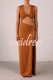 Beautiful Figure Shiny Knit Fabric Cutout Side Slit Stretch Vacation Maxi Dress