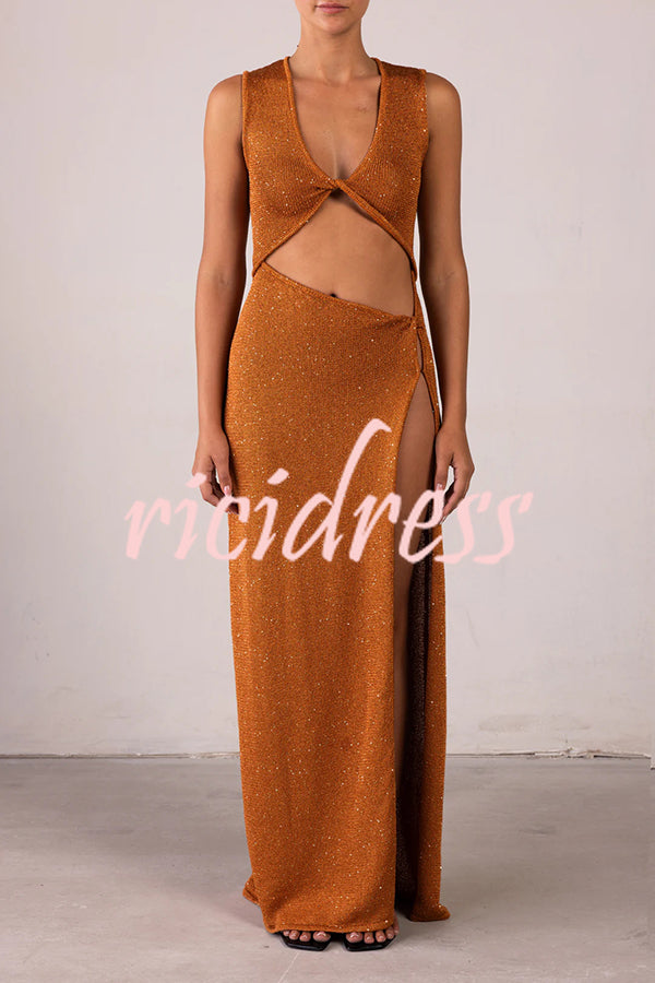 Beautiful Figure Shiny Knit Fabric Cutout Side Slit Stretch Vacation Maxi Dress