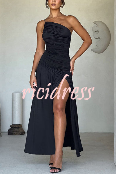 Sexy One-shoulder Strap Gathered Slim Fit Slit Maxi Dress