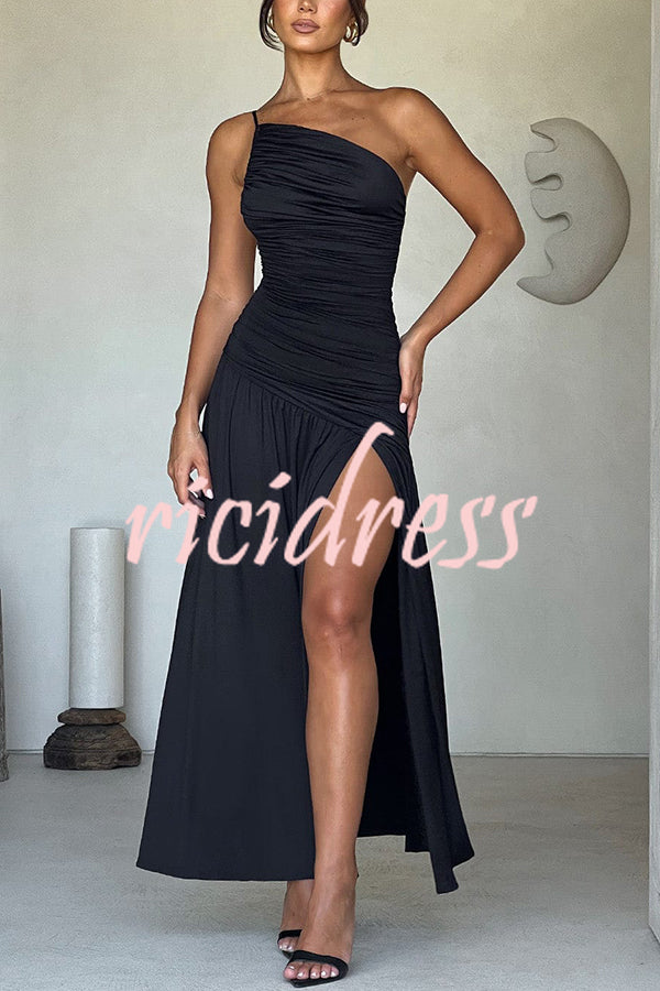 Sexy One-shoulder Strap Gathered Slim Fit Slit Maxi Dress