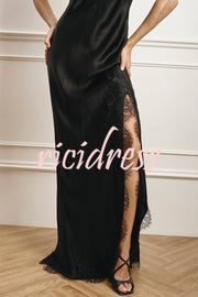 Elegant Splicing Lace Suspenders V-neck Sexy Slit Maxi Dress