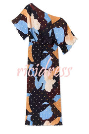 Mara Pleated Fabric Metallic Speckled Color Block Print One Shoulder Maxi Dress