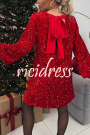 Velvet Sequin Back Bow Bell Sleeves Loose Mini Dress