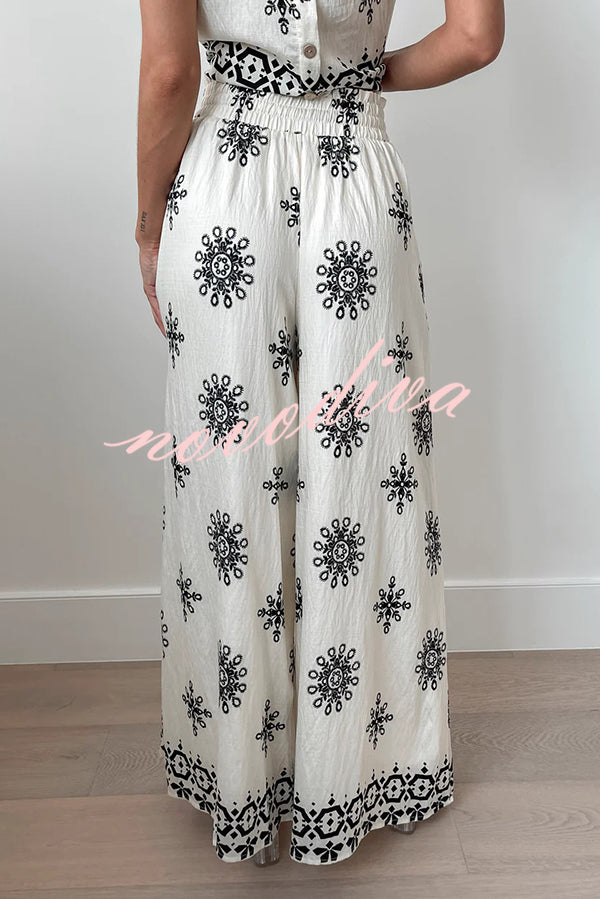 Unique Printed Round Neck Sleeveless Button Top and Elastic Waist Pocket Wide Leg Pants Set