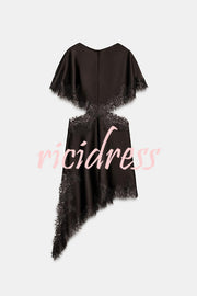 Jessica Satin Lace Trim Cape Sleeves Cutout Waist Asymmetrical Hem Midi Dress