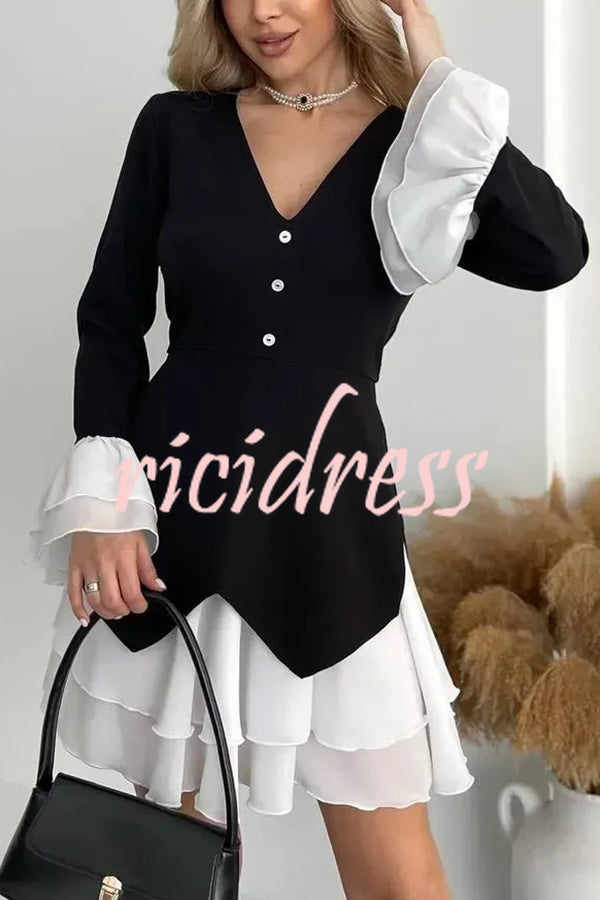 Fashionable Contrast Color Panel Long Sleeve Ruffled Mini Dress
