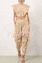 Ellie Lace Gathered Waist Pocket Button Ankle Cuffs Harem Pant