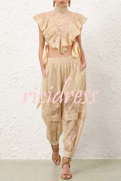 Ellie Lace Gathered Waist Pocket Button Ankle Cuffs Harem Pant