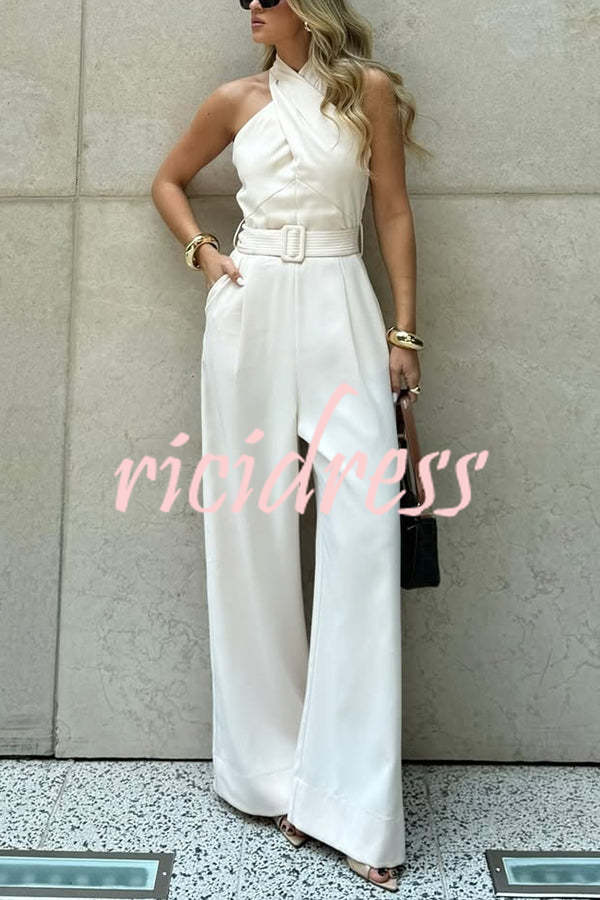 Solid Color Halterneck Sleeveless Waisted Casual Pocket Straight Jumpsuit