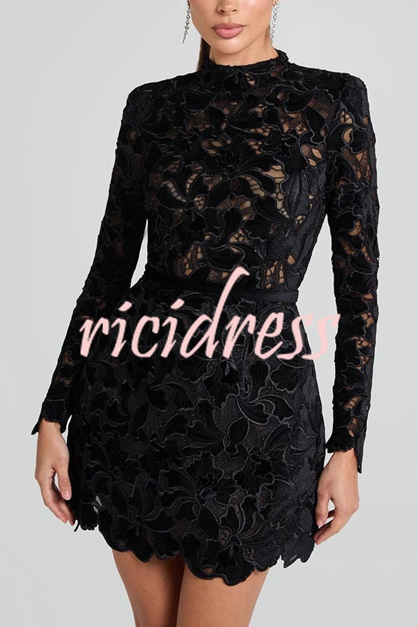 Lydia Embroidered Floral Lace Long Sleeve Belt Tulip Shaped Mini Dress