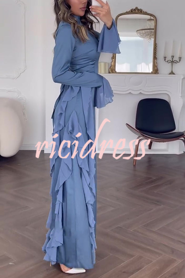 Cline Solid Color High Neck Long Sleeve Elegant Ruffles Maxi Dress