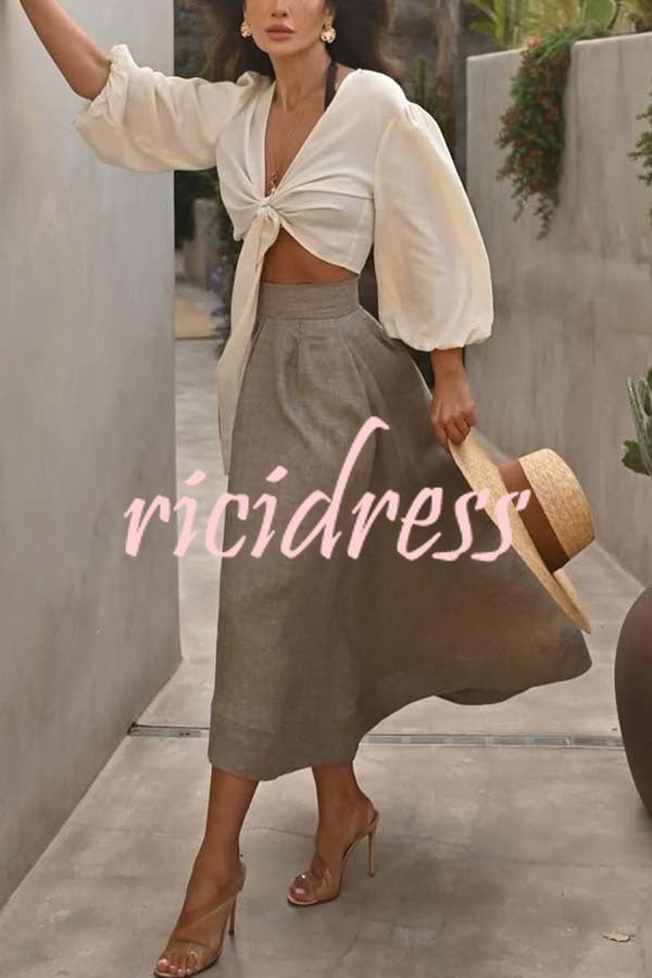 Lets Go Out Linen Blend Balloon Sleeve Wrap Tie-up Loose Top