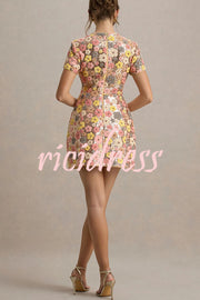 80's Inspired Floral Print Sequin Short Sleeve Stretch Mini Dress