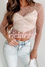 Round Neck See Through Beaded Mesh Lace Shirt