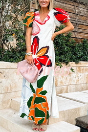 Summer Gala Floral Print Puff-Sleeve A-Line Slit Maxi Dress